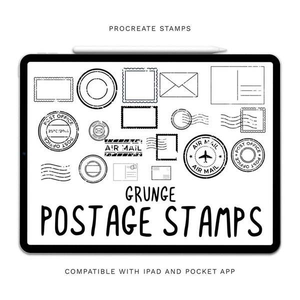 Procreate Postage Stamps, Postage Grunge Stamps, Procreate Stamp, Postcard, Envelope, iPad