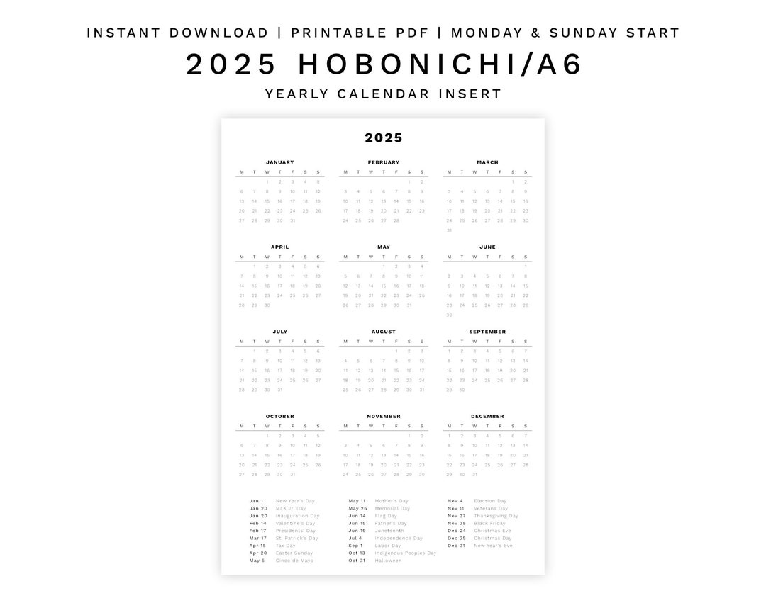 2025 Calendar Insert For Hobonichi A6 Monday And Sunday Start Etsy 2025 Calendar Insert For Hobonichi A6 Monday And Sunday Start Etsy