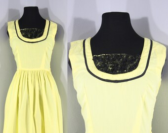 1950s Chartreuse Cotton Dress, Small to Medium | 50s Vintage Sundress with Black Ruffles (S, M, 38-26.5-Free)