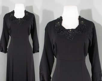 VOLUP 1940s Black Beaded Rayon Dress, Medium to Large | 40s Vintage Cocktail Dress (M, L, 39-34.5-44)