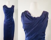 1950s Sapphire Cocktail Dress by Kay Selig, Small to Medium 50s Vintage Blue Draped Crepe Dress (S, M, 38-30-43)