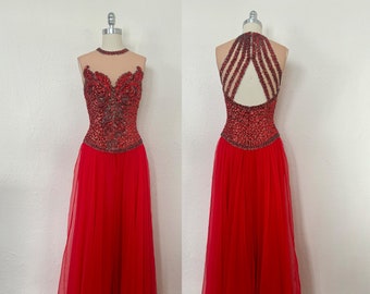 1960s Red Sequin Gown by Mike Benet, Extra Small to Small | 60s Vintage Beaded Chiffon Evening Dress (XS, S, 35-24.75-Free)