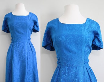 1960s Turquoise Brocade Cocktail Dress, Medium to Large | 60s Vintage Blue Floral Dress (M, L, 40-29-56)