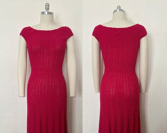 1950s Raspberry Boucle Sweater Dress, Extra Small to Medium | 50s Vintage Hot Pink Knitted Dress (XS, S, M, Measurements Vary)