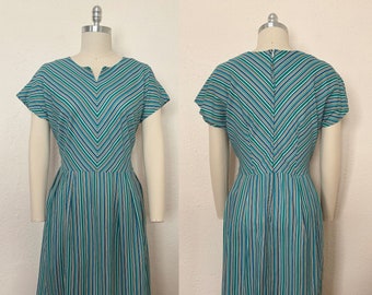 VOLUP 1960s Bias Stripe Dress by Merrilee Modes, Large to Extra Large | 60s Vintage Blue, White, Teal, and Black Dress (L, XL, 51-39-70)