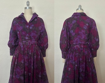 1960s Purple Floral Shirtdress by Halvor McGrath, Extra Small to Small | 60s Vintage Wool Day Dress (XS, S, 38-25-Free)