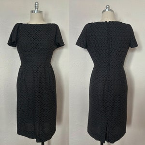 1960s Black Cotton Eyelet Wiggle Dress by Manford, Medium to Large | 60s Vintage Black Dress (M, L, 40-29-41)