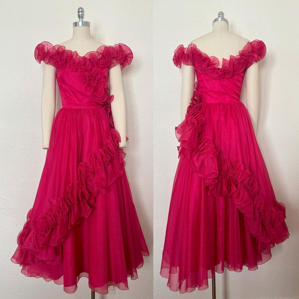 1960s Hot Pink Organza Ruffled Gown by Mike Benet, Extra Extra Small to Extra Small | 60s Iridescent Glitter Dress (XXS, XS, 32-23.5-Free)