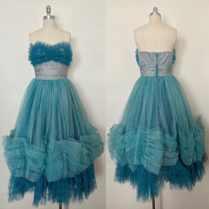 1950s Blue and Silver Tulle Gown, Extra Small to Small | 50s Vintage Strapless Sweetheart Ruffled Evening Dress (XS, S, 33-25-Free)