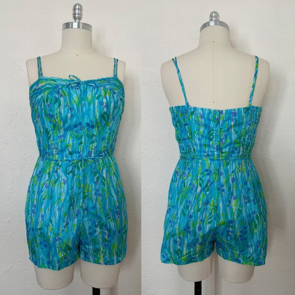 1950s Watercolor Floral Playsuit/Swimsuit by GaBar, Medium to Large | 50s Blue & Green Romper (M, L, 44-30-43)