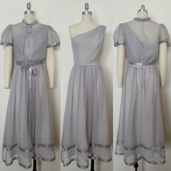 1960s Gray Chiffon One Shoulder Cocktail Dress & Bolero, Extra Small to Small | 60s Vintage Bridesmaids Dress (XS, S, 35-25-49)