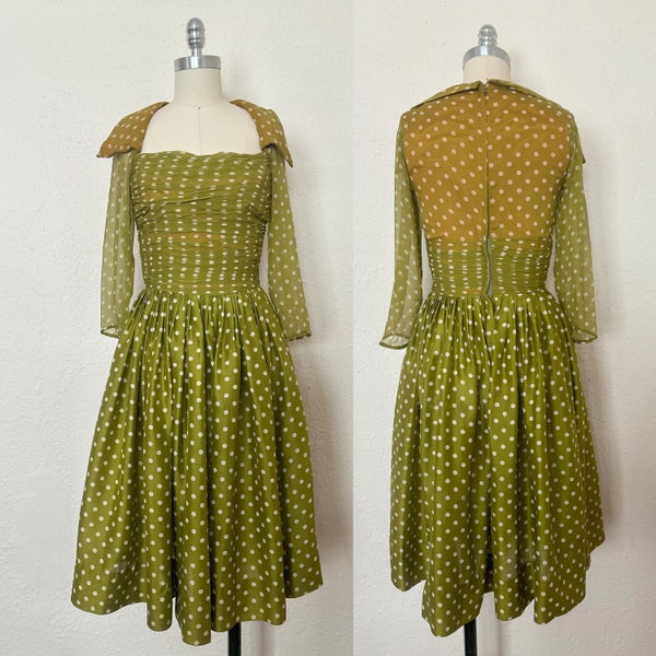 1950s Green and Cream Polka Dot Silk Chiffon Dress, Extra Extra Small to Extra Small | 50s Vintage Collared Dress  (XXS, XS, 33-24-Free)