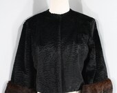 1960s Black Faux Persian Lamb Jacket with Mink Trim, by , Extra Small to Small 60s Vintage Faux Fur and Fur Jacket (XS, S, 36-36)