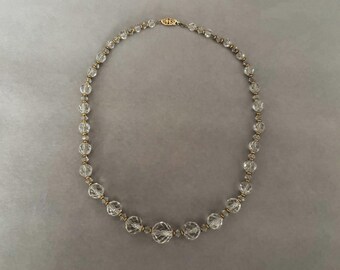 1960s Graduated Crystal Bead Necklace | 60s Vintage Clear and Gold Bead Choker