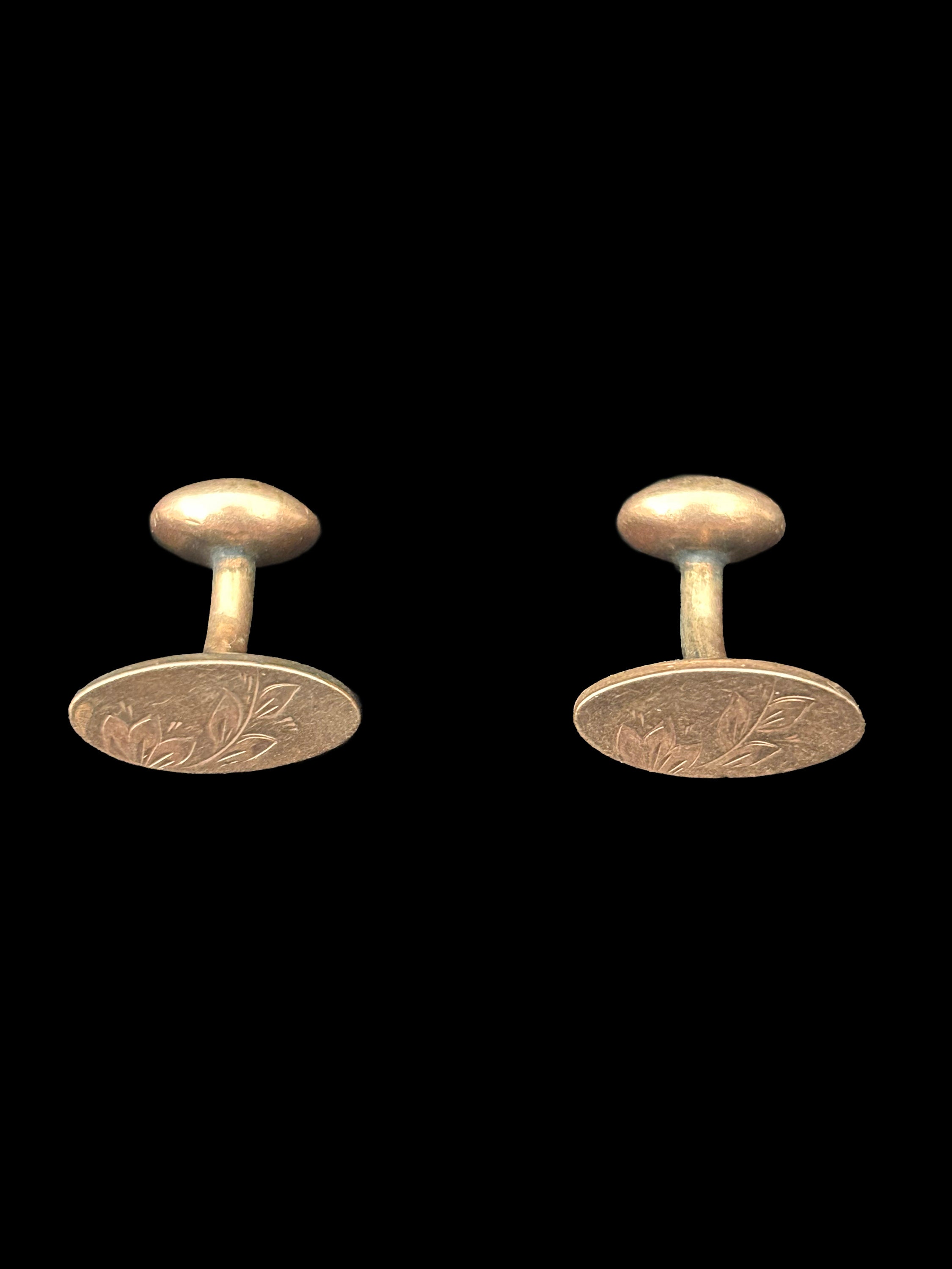 1900s Victorian Oval Gold Filled Flower Engraved Cuff Links Turn of the Century Vintage Floral Bent Arm Bean Back Cufflinks