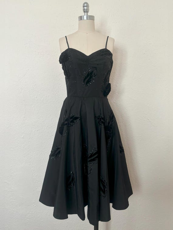 extra small cocktail dresses 1950s Black Taffeta Sequin Cocktail Dress, Extra Extra Small to Extra Small  | 50s Vintage Black Velvet Rose Dress (XXS, XS, 32-25-free)