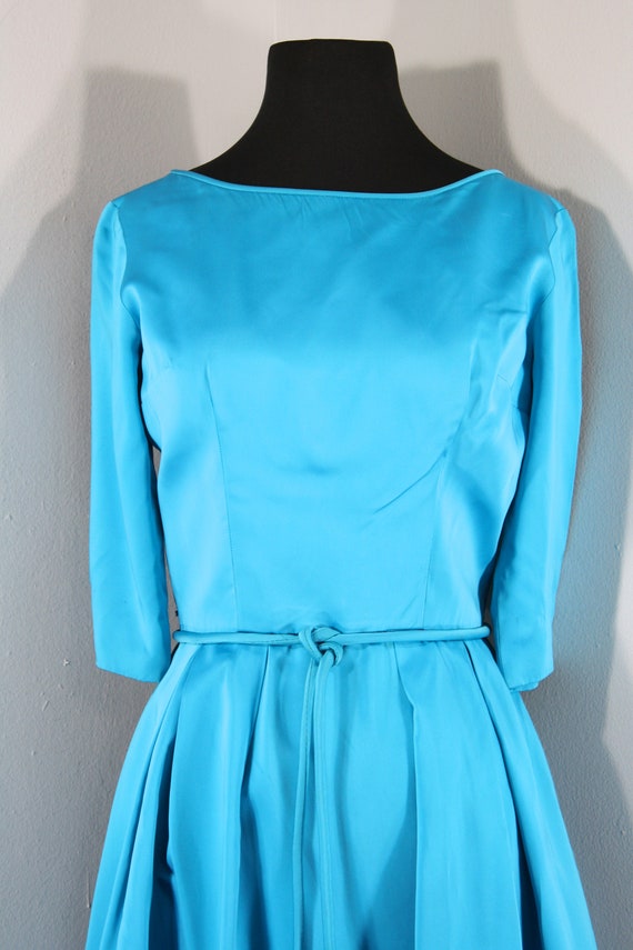 1960s Turquoise Satin Cocktail Dress, Small to Me… - image 3