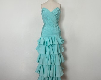 1980s Aqua Ruffled Strapless Evening Dress by Lillie Rubin, Small to Medium | 80s Vintage Tiered Gown (S, M, 32-26-36)