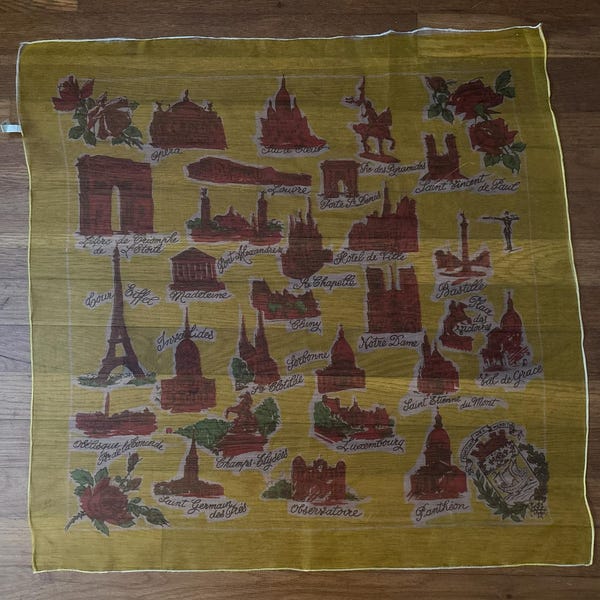1950s French Paris Souvenir Square Silk Chiffon Scarf | 50s Vintage Red, Yellow, Green, and White Parisian Landmarks Scarf