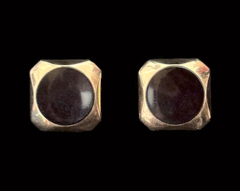 1950s Square Gold Plated Cuff Links w/ Round Onyx  Cabochons by Swank | 50s Vintage Black and Gold Cufflinks