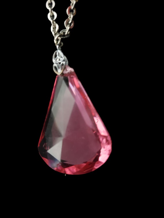 1920s Pink Crystal Pendant | 20s Vintage Chrome a… - image 7