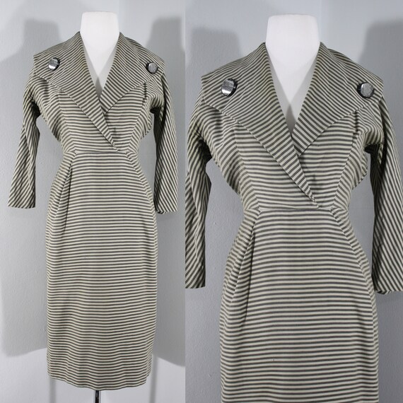 1960s Gray Striped Wiggle Dress, Small to Medium |