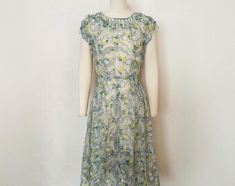 1940s Sheer Floral Spiderweb Nylon Dress, Small to Medium | 40s Blue, White, Yellow, and Green Dress (S, M, 38-26-55)