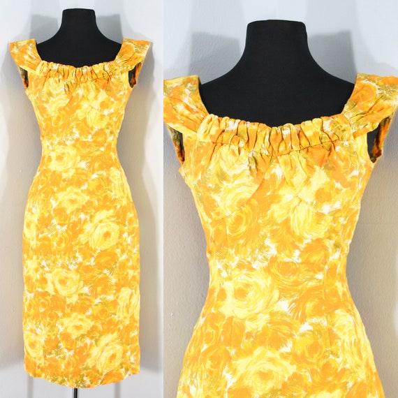 1950s Autumnal Floral Wiggle Dress by Alix of Miam