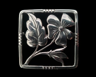 1950s Sterling Silver Square Floral Brooch  | 50s Vintage 925 Silver Botanical Flower Pin