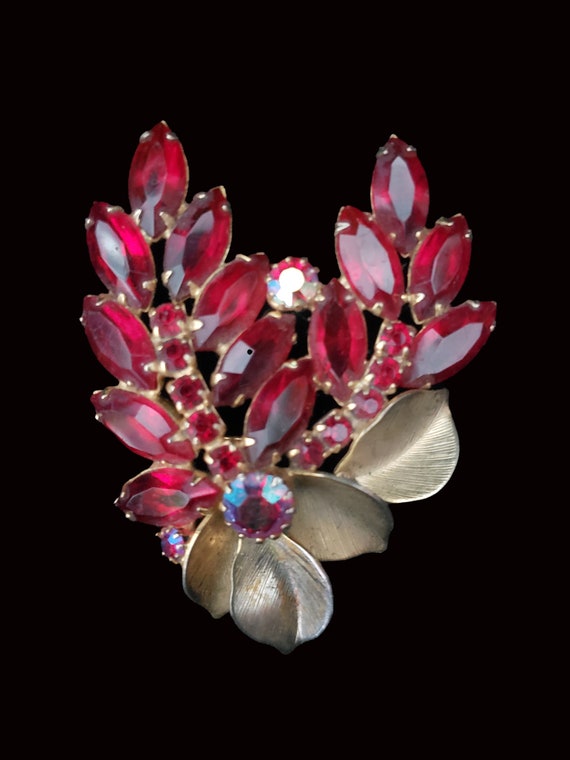 1950s Red Rhinestone Floral Brooch | 50s Vintage … - image 2