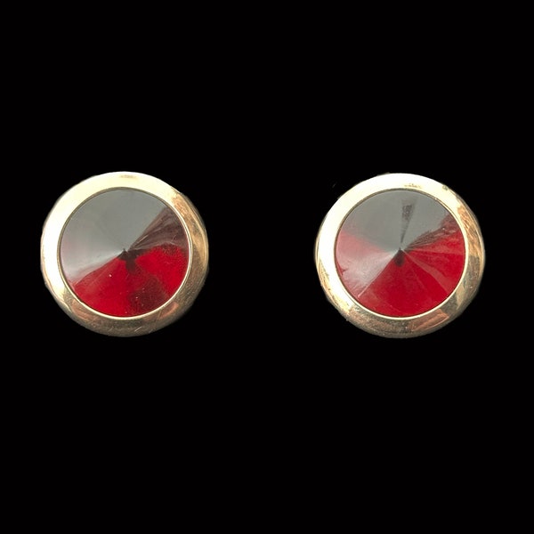 1950s Gold Plated Cuff Links w/ Pointed Red Glass Cabochon by Swank | 50s Vintage Round Toggle Round Cufflinks
