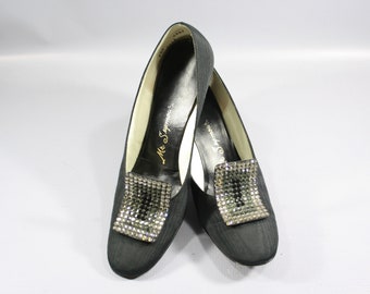 1960s Black Fabric Pumps by Mr Seymour, Size 7 to 8 | 60s Vintage Heels with Rhinestone Tongue