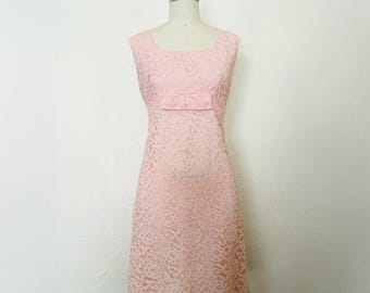 1960s Pink Lace Mod Bow Trimmed Shift Dress, Medium to Large | 60s Vintage Pink Lace  Empire Waist Cocktail Dress (M, L, 38-33-40)