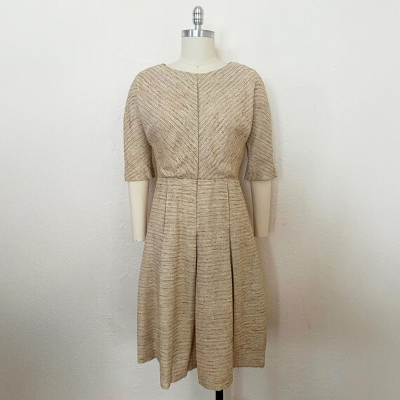 1960s Tan, Brown, & White Suiting Pleated Dress, Small to Medium | 60s  Vintage Slubbed Fabric Bias Bodice Dress (S, M, 41-29.5-44) - Etsy
