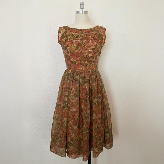 1950s Autumnal Chiffon and Acetate Floral Print Dress, Medium to Large |  50s Vintage Brown and Green Multi Print Dress (M, L, 40-30-free) - Etsy