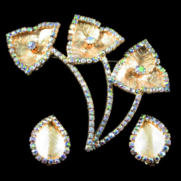 1960s AB Rhinestone Floral Brooch and Clip On Earring Set | 60s Vintage Gold Tone Jewelry Set