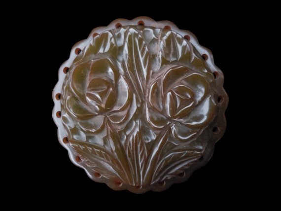 1930s Round Green Floral Bakelite Brooch | 30s Vi… - image 1