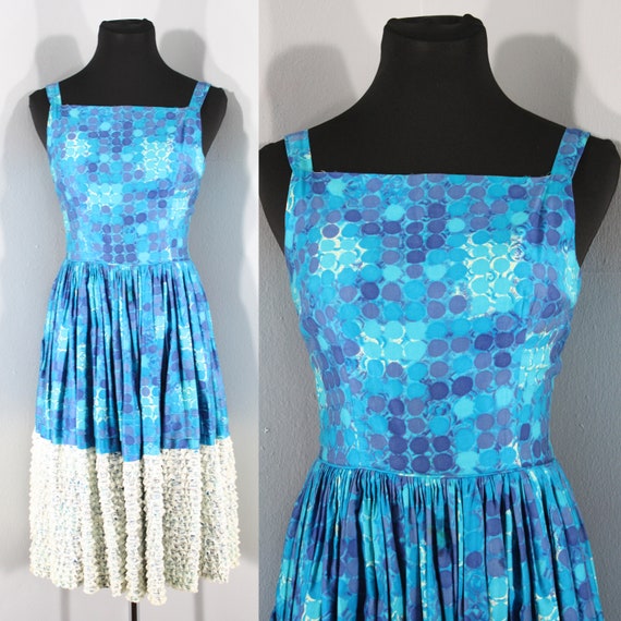 1950s Blue Cotton Watercolor Circles Print Dress b