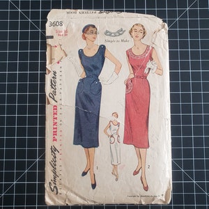 May include: Vintage Simplicity sewing pattern for a dress, pattern number 3608, size 16. The pattern shows two women wearing dresses, one in blue and one in red. The pattern is printed on a white background with black text.