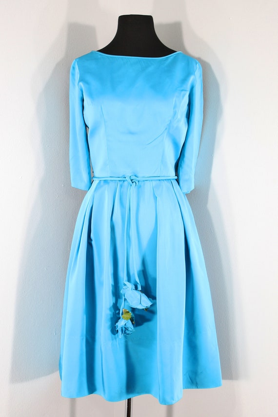1960s Turquoise Satin Cocktail Dress, Small to Me… - image 2