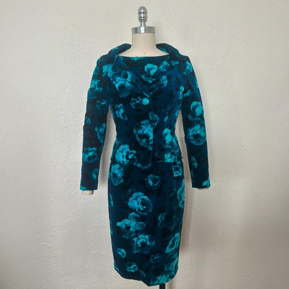 blue floral velvet dress Blue Velvet Floral Long Ball Gown, A-Line Short Sleeve Formal Evening main image 1