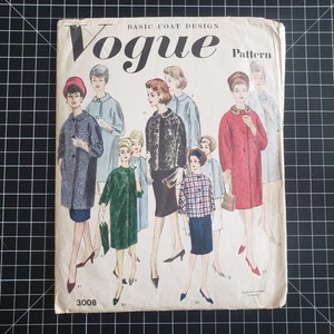 May include: Vintage Vogue sewing pattern for a basic coat design. The pattern number is 3008. The cover features illustrations of six women wearing different styles of coats.