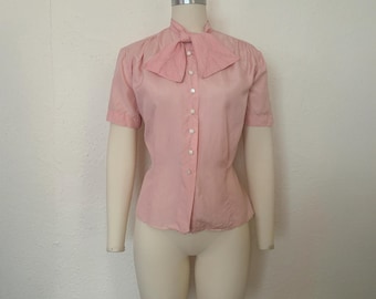 1940s Pink Silk Blouse by Judy Bond, Medium to Large | 40s Vintage Tie Neck Button Down Shirt (M, L, 42-30)