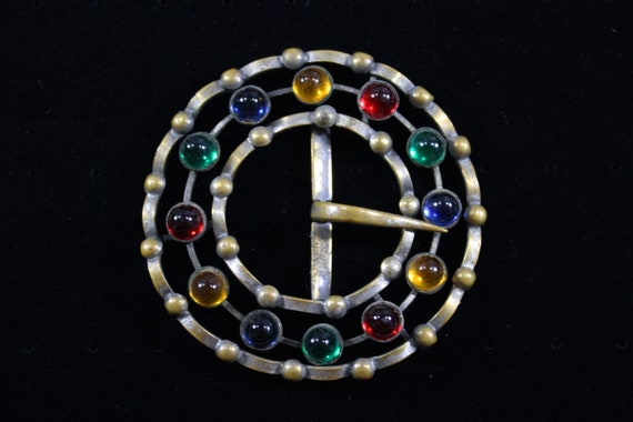 1930s Glass Cabochon Buckle | 30s Vintage Brass P