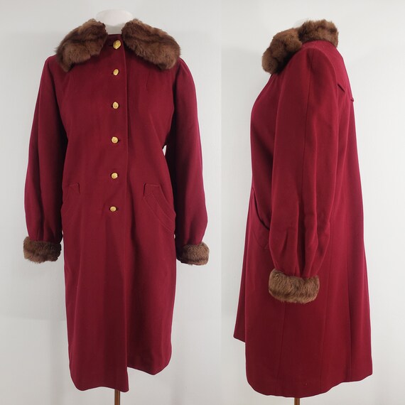 1940s Burgundy Wool Coat with Sable Collar, Mediu… - image 1