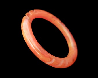 1940s Translucent Orange Marbled Bakelite Bangle | 40s Vintage Notch Carved Tube Bracelet