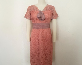 1950s Blush Lace and Chiffon Dress by Andora, Medium to Large | 50s Vintage Pink Lace  Cocktail Dress (M, L, 38-31-40)