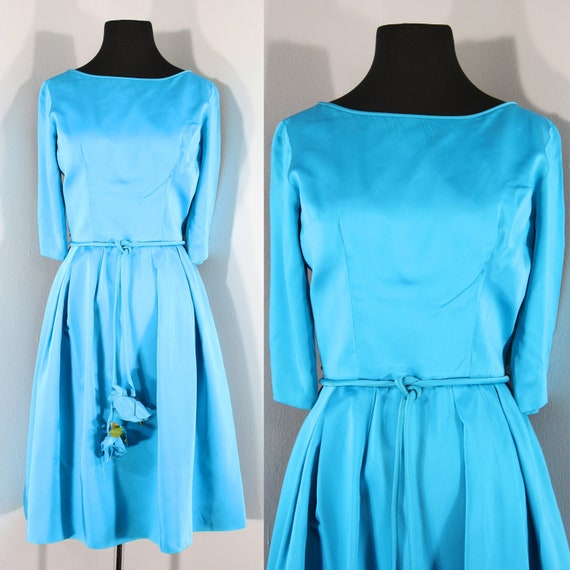 1960s Turquoise Satin Cocktail Dress, Small to Me… - image 1