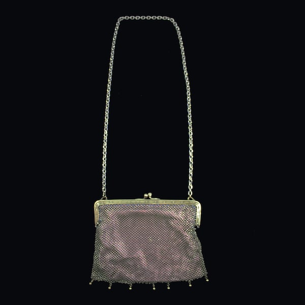 1920s German Silver Metal Mesh Long Strap Evening Bag | 1910s Vintage Embossed Frame Purse