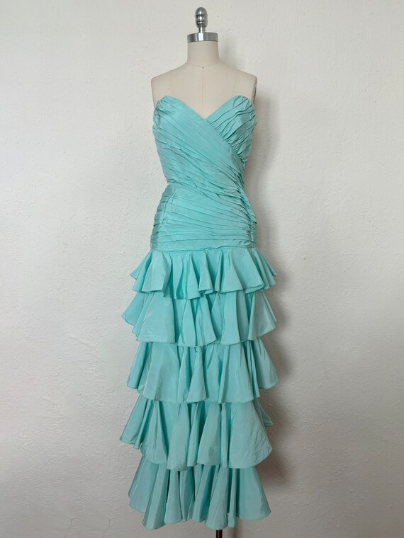 1980s Aqua Ruffled Strapless Evening Dress by Lil… - image 2